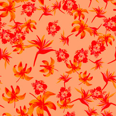 Ruby Pattern Palm. Scarlet Seamless Palm. Red Tropical Art. Pink Flower Design. Coral Wallpaper Textile. Decoration Foliage. Watercolor Background.