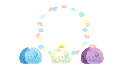 青色・白色・紫色の夏らしい透け感のある花と蝶々の和菓子を並べて｜Blue, white, purple summer-like transparent flowers and Japanese sweets of butterflies are lined up
