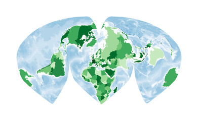 World Map. Alan K. Philbrick's interrupted sinu-Mollweide projection. World in green colors with blue ocean. Vector illustration.