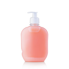 Pink plastic bottle with cap isolated on white background for liquid detergent laundry or cleaning agent
