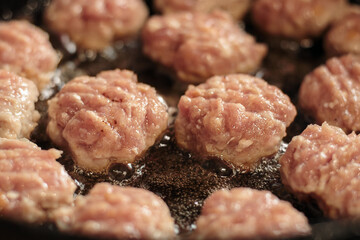 Homemade meat cutlets cooking in oil on a pan, small depth of focus. Portion of sliced meat roasted in frying pan.