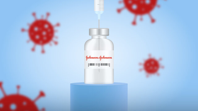 Johnson & Johnson vaccine vial with a needle in, on a podium with virus particles in the background. Vector illustration.