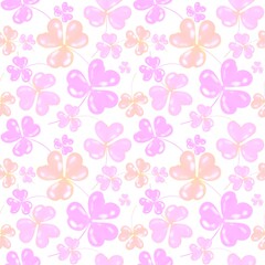 Clover leaves. Seamless pattern. Pink, purple trefoils on a white background. Botanical endless background.