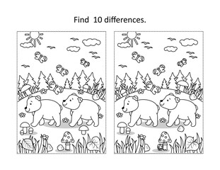 Two bear cubs find the differences picture puzzle and coloring page
