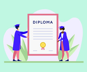 Flat illustration masked graduates with diploma