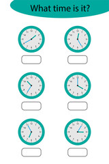 What time is it, game with clocks for children, fun education activity for kids, educational task for the development of logical thinking, preschool worksheet activity.