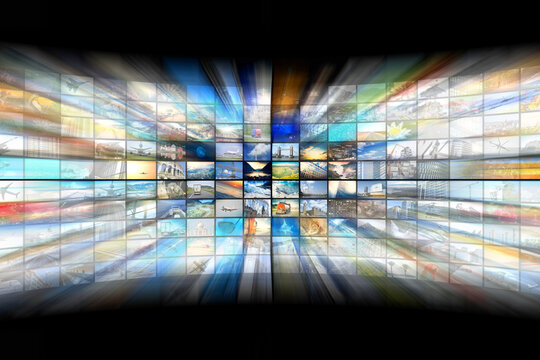 Wall of screens - streaming media, cable, Internet concept - 3D illustration