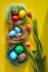 Fototapeta na wymiar Easter eggs and Easter bunny. With space for the text. Background for the site.