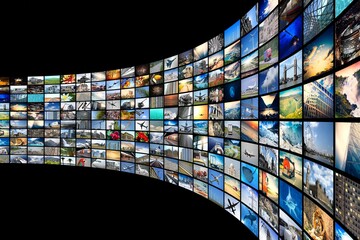 Wall of screens - streaming media, cable, Internet concept - 3D illustration