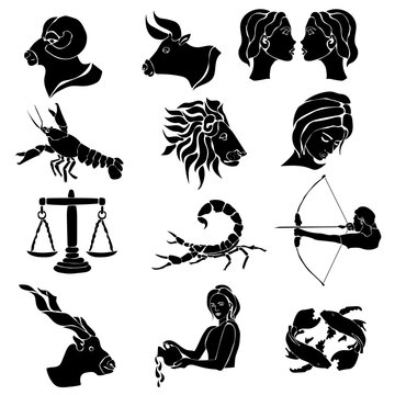 Zodiac signs, set of twelve silhouettes with astrological symbols