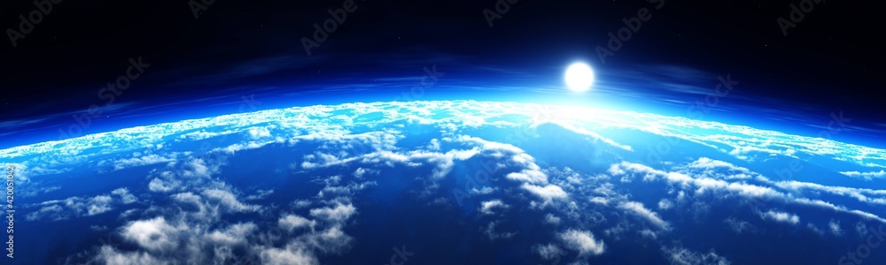 Wall mural earth at sunrise from orbit, sun over earth, clouds view from low orbit ,, 3d rendering