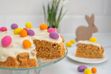 Traditional carrot cake with cream cheese frosting for Easter