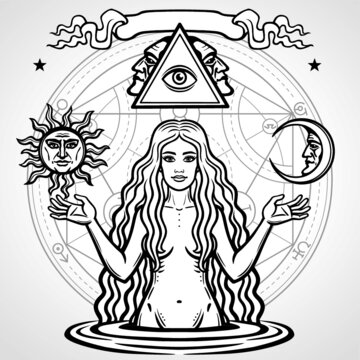 Set of alchemical symbols: young beautiful woman holds  sun and  moon in hand. Eve's image, fertility, temptation. Esoteric, mystic, occultism. Vector illustration isolated on a  grey background.