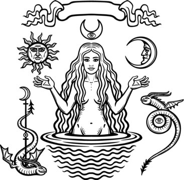 Set of alchemical symbols: young beautiful woman holds  sun and  moon in hand. Eve's image, fertility, temptation. Esoteric, mystic, occultism. Vector illustration isolated on a white background.