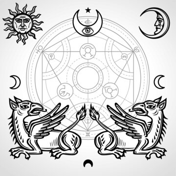 Set of alchemical symbols: two mythical griffins, alchemical circle, emblems of the sun and moon, providence eye. Vector linear drawing isolated on a gray background.
