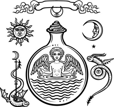Set of alchemical symbols. Child in a test tube, the homunculus, chemical reaction. Angel. Life origin. Mystical snakes. Vector illustration isolated on a white background.