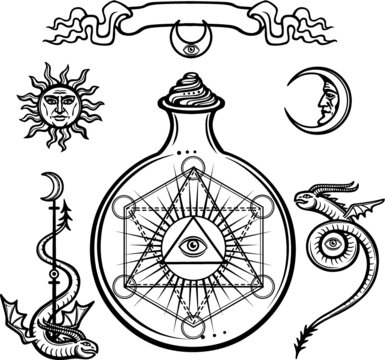 Set of alchemical symbols. A providence eye in a flask, chemical reaction. Sacred geometry. Origin of life. Mystical snakes. Vector illustration isolated on a white background.