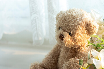 Teddy bear is sitting alone in the room