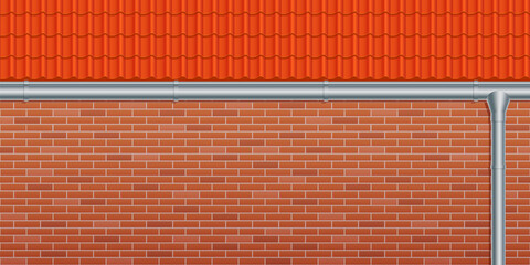 Vector illustration of red roof tile, metal rain gutter and brown brick wall. Realistic corrugated roof texture, drainage system and dark brick wall background. House facade background with copyspace.