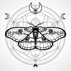Night moth. Mystical circle. Esoteric symbol, sacred geometry. Sign of the moon. Monochrome drawing. Vector illustration. Print, posters, t-shirt, textiles.