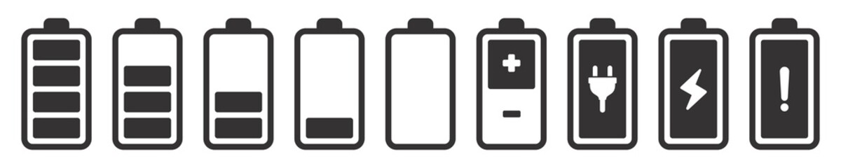 battery icon set, battery charge level indicator icon, Attention battery discharged, battery capacity symbol, vector illustration