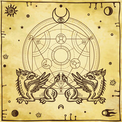 Set of alchemical symbols. Mythical dragons protect a mysterious alchemical circle.  Religion, mysticism, occultism, sorcery. Background - imitation of old paper. Vector illustration.