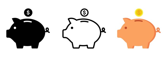 Piggy bank icon. Piggy bank saving money icon in different style. Baby pig piggy bank. vector illustration