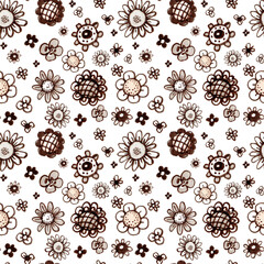 Seamless pattern simple black-white flowers on white background. Scandinavian style, design for wallpaper, fabric, textile.