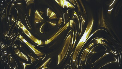 Dark yellow gold metallic texture with moving ripples and deep shadows. Trendy reflection flow in 3d rendering holographic abstract background 4K video.