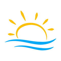 Sun and sea, ocean icon illustration. Drawn by hand. Simple flat design for logos, apps and websites.