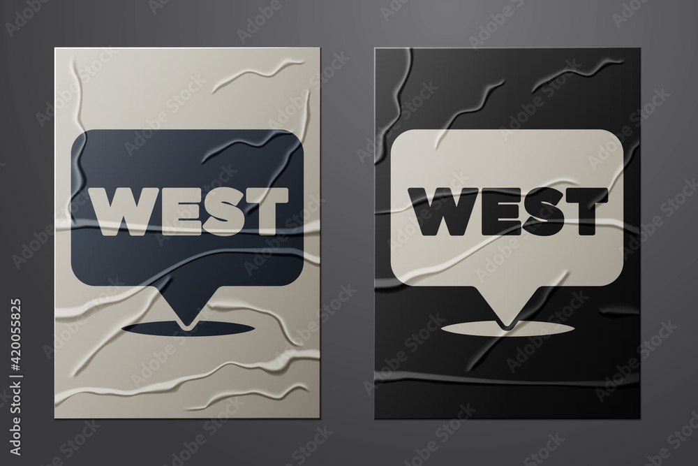 Poster white pointer to wild west icon isolated on crumpled paper background. western signboard, message bo