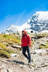 Young hikers on the Muragl valley in the area St.Moritz.