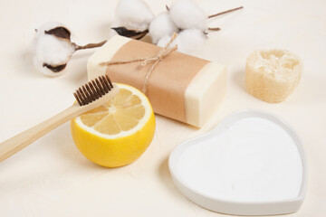 cotton flowerlemon, luffa, soap and baking soda for house keeping. eco friendly lifestyle concept, zero waste, eco cleaning