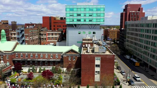 Aerial Pan Left Shot of Montefiore Hospital Campus in Bronx, New York