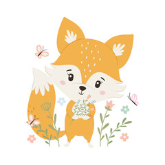 Cute fox with butterfly. Hello spring. Vector illustration.