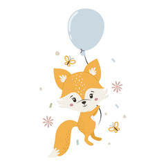 Cute fox with balloon and butterflies. Hello spring. Vector illustration.