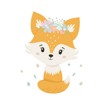 Cute fox with wreath. Hello spring. Vector illustration.