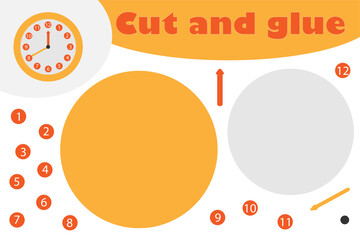 Clock in cartoon style, education game for the development of preschool children, use scissors and glue to create the applique, cut parts of the image and glue on the paper.
