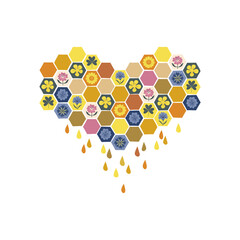 Floral honeycomb tiled pattern heart vector illustration. Bloomy hexagonal mosaic tessellated hearty ornament. Decorative folksy meadow flower honey love print design.