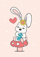 Cute Bunny hug Easter egg on rd mushroom, Happy Spring Easter, cute cartoon doodle drawing illustration vector
