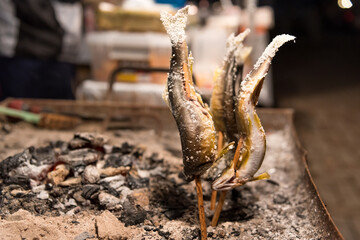 Grilled Ayu fish with salt are wasted by wood stick. Simple, traditional and signature food  of Japanese street food with space for text input