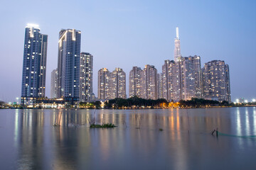 Fototapeta premium The author made the picture taken at sunset on March 13, 2021 by the author. Location: Ho Chi Minh City. Content: Landmark 81 at night (Vietnam)