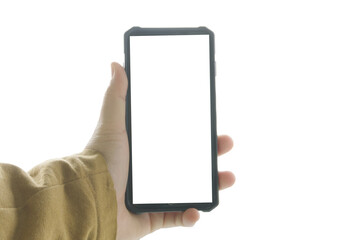 The left hand holding a smartphone on a white background