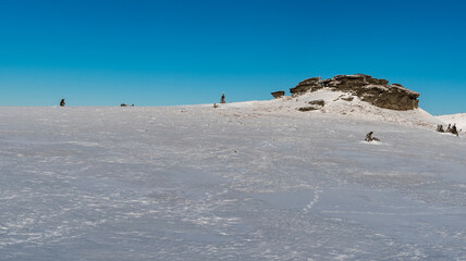 Petrovy kameny rock formation in winter Jeseniky mountains in Czech republic