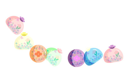 桃色・緑色・オレンジ色・青色・白色・紫色の夏らしい透け感のある花と蝶々の和菓子を並べて-5｜Japanese sweets of pink, green, orange, blue, white, purple summer-like transparent flowers and butterflies are lined up-5