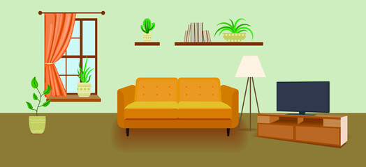 Vector Room Background, Interior Cartoon Illustration, Background Template, Sofa, TV, Window, Home Plants.
