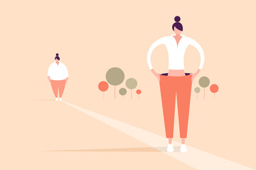 Conceptual illustration of a fat girl turning to slim by doing workout