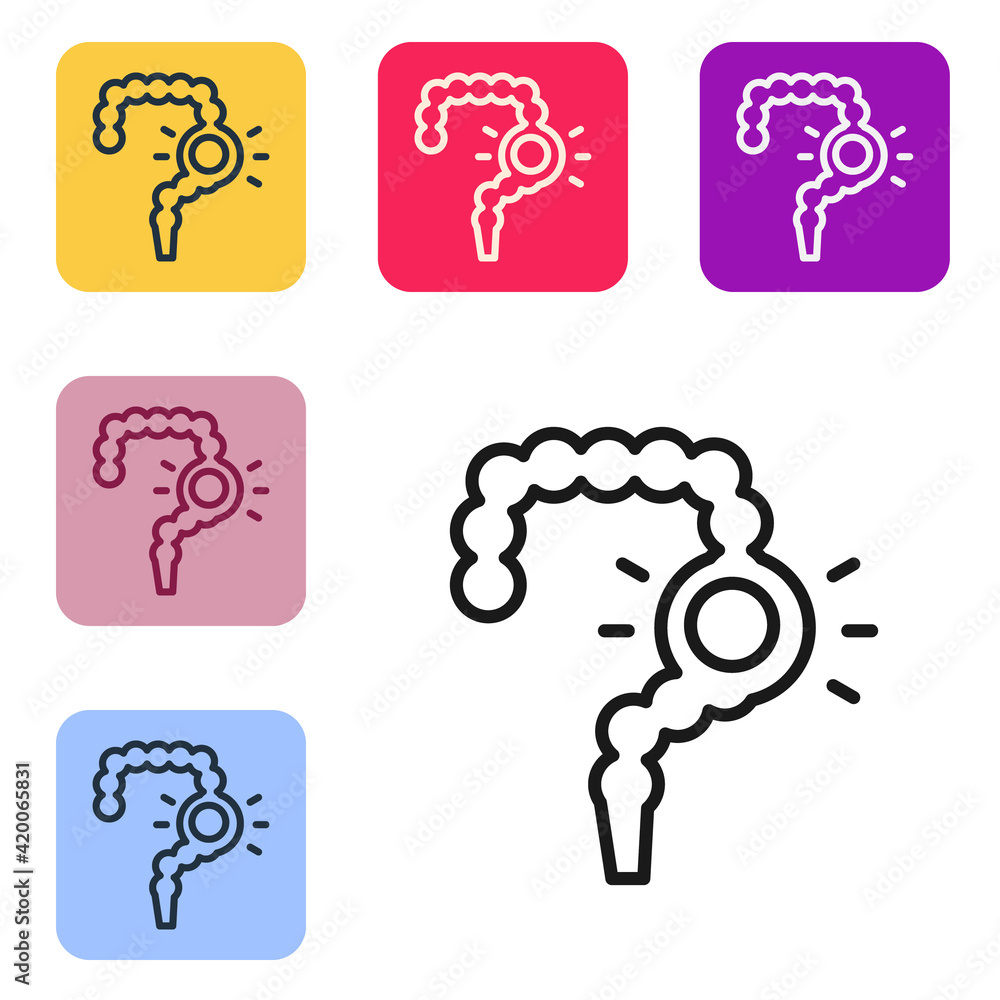 Poster black line gut constipation icon isolated on white background. bowel problems. set icons in color sq