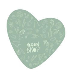 Vegan shop sign with outline vegetables frame for price list. Handwritten lettering fresh font for signboard, window door stickers. Vector stock illustration isolated on white background. EPS10