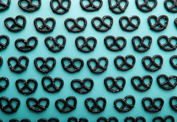 Mini black pretzels on light blue background